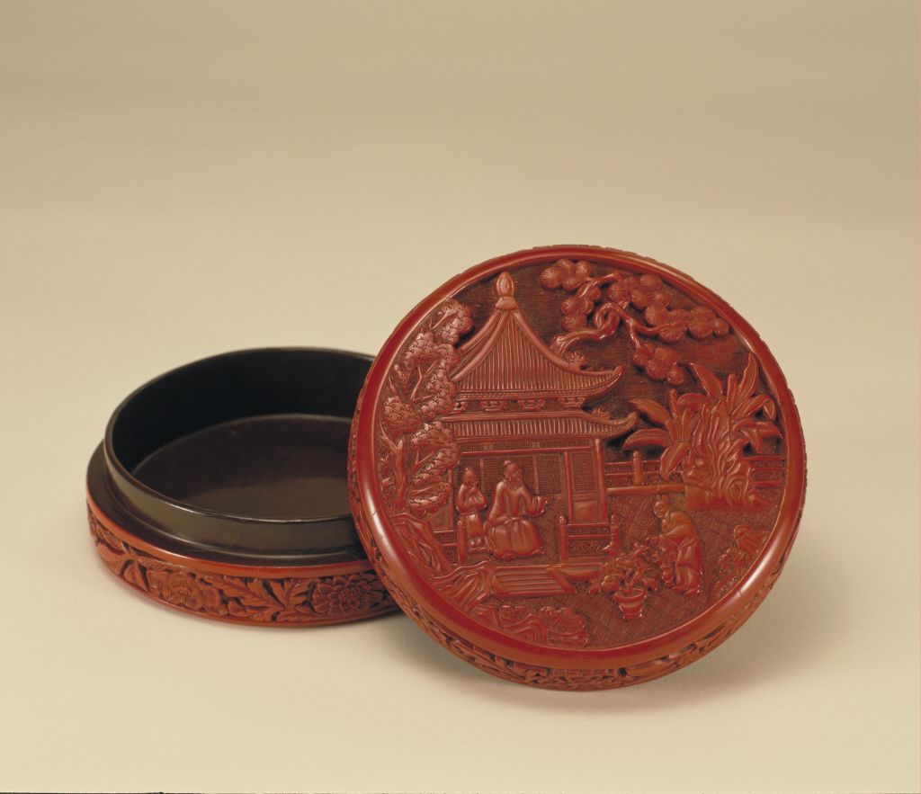 图片[1]-Carved red flower pattern round box-China Archive